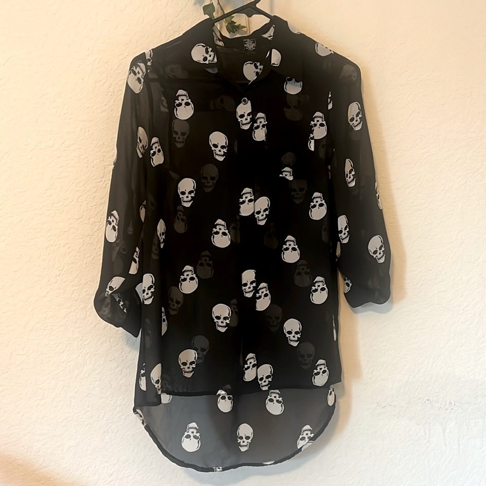 Black w/ white Skull Sheer Collared Shirt
